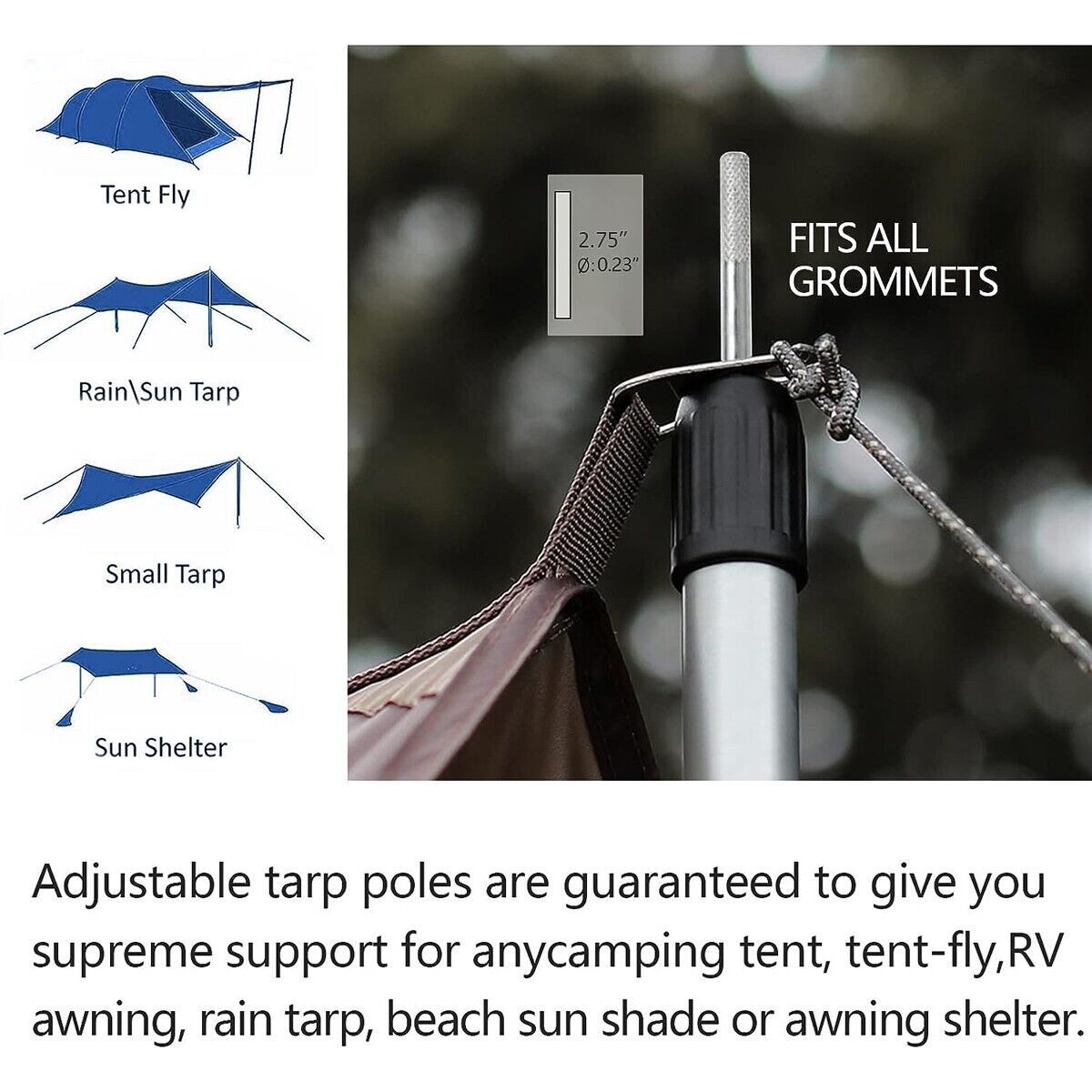 2x 230cm Tent Poles Telescopic Adjustable Awning Canopy Tarp Pole Support Rod UK