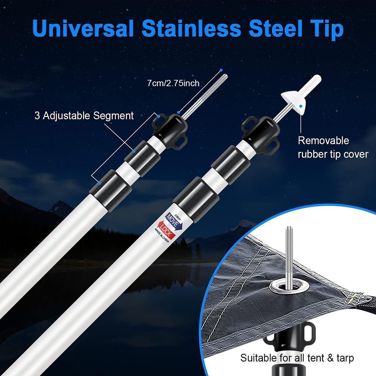 2x 230cm Tent Poles Telescopic Adjustable Awning Canopy Tarp Pole Support Rod UK