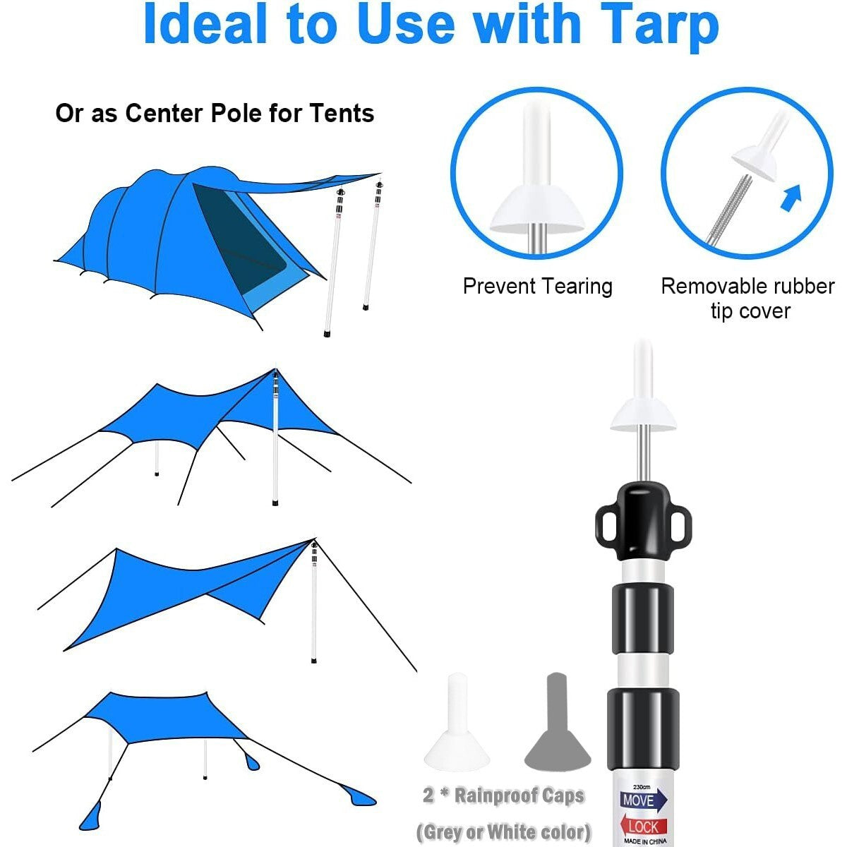 2x 230cm Tent Poles Telescopic Adjustable Awning Canopy Tarp Pole Support Rod UK